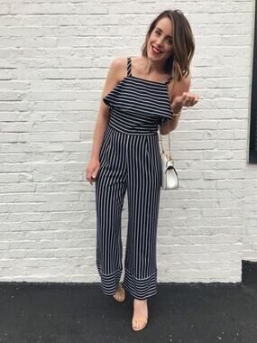 Leith Navy White Striped Jumpsuit Ruffle Top Cuffed Pant Strappy Medium